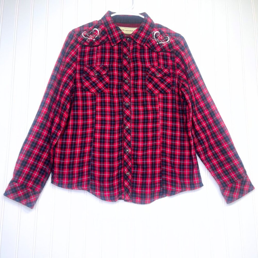Red Multi Color Long Sleeve Button Up Pearl Snap Flannel Shirt Large